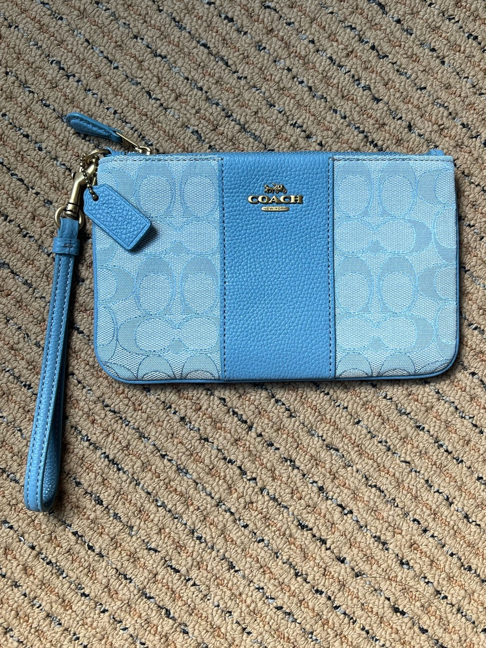 Like New Authentic Coach Monogram Wristlet in Light Blue and Gold Brass Hardware